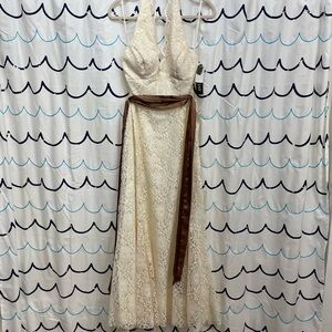 Bari Jay Ivory Lace Backless Gown with Chocolate Sash